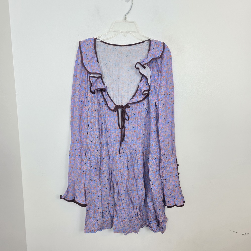 Free People Blue Blossom Baby Long Sleeve Boho Oversized Mini Dress Size M - Picture 2 of 10